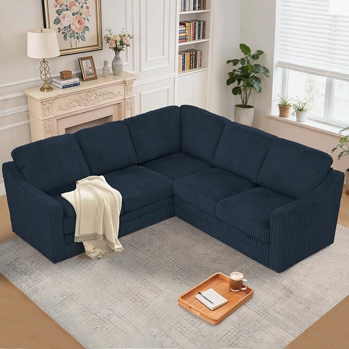 89 Inches Corduroy Sectional Sofa with High Density Sponge, Modern 5 Seats Corner Couch with Deep Seat, Comfy Modular L Shaped Couch with Comfortable Back Cushions for Living Room, Blue