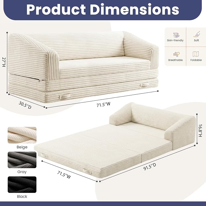 JUIKURY Convertible Sofa Bed, 3-in-1 Foldable Loveseat Couch with Armrest, Corduroy Floor Sofa & Sleeper Bed, No Assembly High-Density Foam Futon Mattress for Living Room, Small Apartment, Dorm