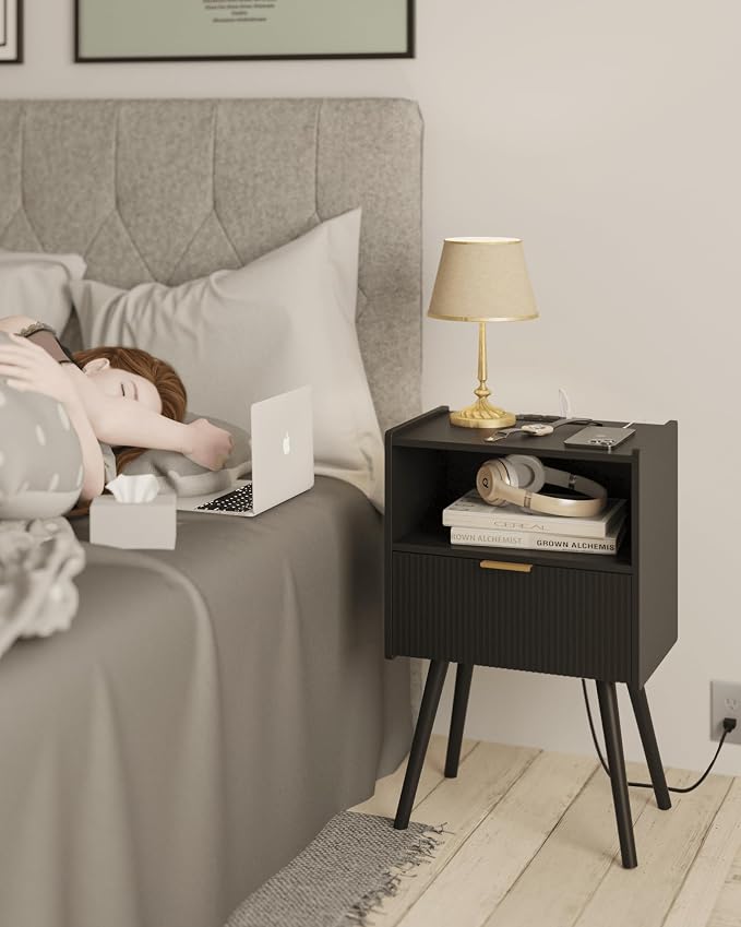 JOONEE Black Nightstand with Outlet,Modern Bedside Table with Storage Drawer and Open Wood Shelf, for Living Room, Bedroom and Small Spaces, Accent Night Stand with Solid Wood Legs, Easy Assembly