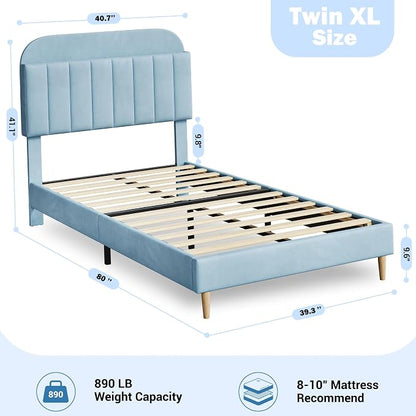 GarveeHome Twin XL Bed Frame with Storage Headboard, Velvet Upholstered Platform Bedframe for Kids, Boy Bed, Strong Wooden Slats, Noise-Free, Easy Assembly, No Box Spring Needed, Blue