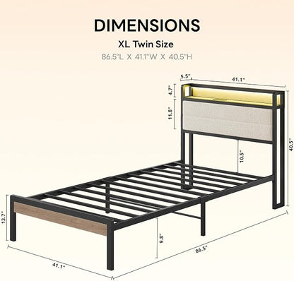 LIKIMIO Twin XL Bed Frame with Storage Headboard and LED Lights, Metal Platform Bed with Charging Station, Noise Free, No Box Spring Needed, Under Bed Storage, Natural and Cream
