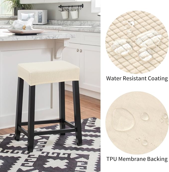 YISUN Stool Covers Rectangle - 4 Pack Stretch Waterproof Saddle Seat Cover Counter Bar Stools Bar Chairs Covers Kitchen Island Chairs Cushion Protector (4, Beige)