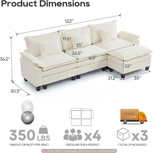 Oversized Modular Sectional Sofa, 122" L Shaped Modern Comfy Cloud Couch with Movable Ottoman & Pillows, Deep Seat Couches for Living Room, Bedroom or Apartment (Chenille Beige, 122" L Shaped)