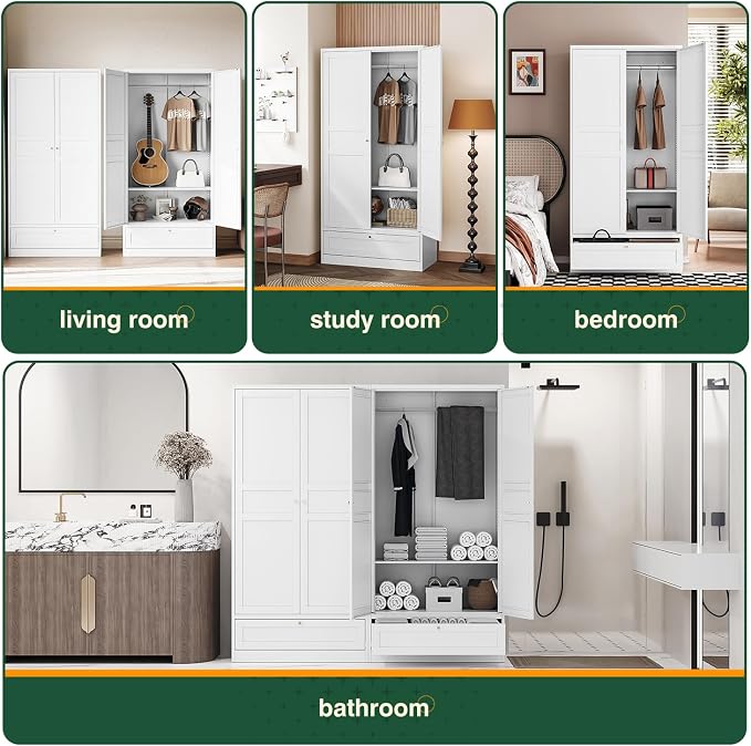 Letaya Metal Wardrobe Cabinets,18" Deep Clothing Storage Cabinet with Doors and Shelves,for Home Room,Fire Department, School, Employee,Gym,Government (White)