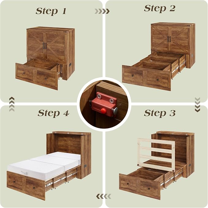 LUXOAK Twin Murphy Bed with 6" White Tri-Fold Memory Foam Mattress, Storage Drawer & Charging Station, Space-Saving Design for Home Office or Guest Room, Barnwood