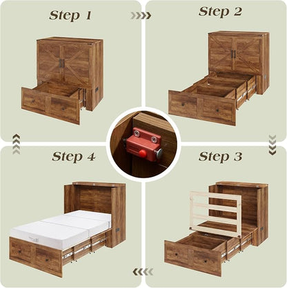LUXOAK Twin Murphy Bed with 6" White Tri-Fold Memory Foam Mattress, Storage Drawer & Charging Station, Space-Saving Design for Home Office or Guest Room, Barnwood