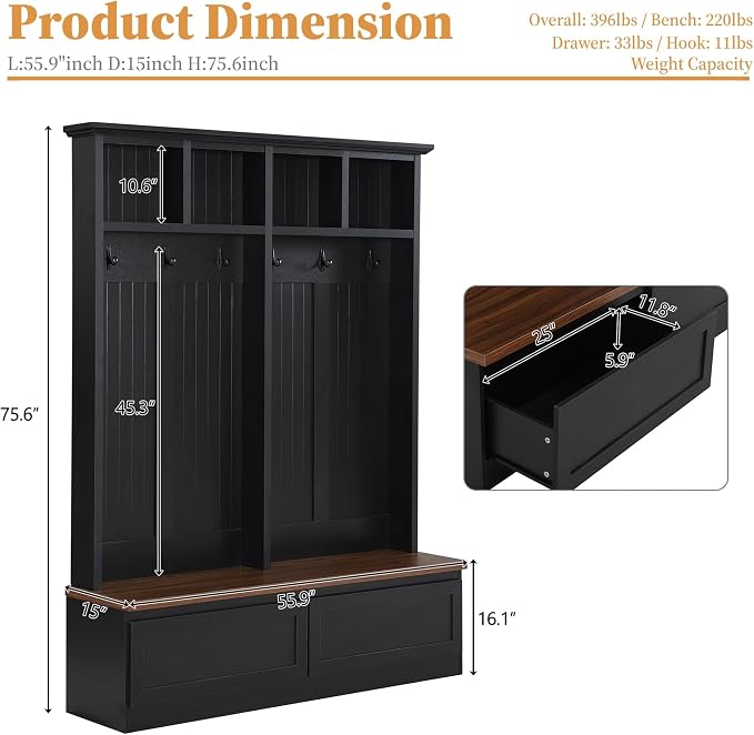 55.9" W Hall Tree with Bench and Shoe Storage,Shoe and Coat Rack with Drawer and Hooks,Farmhouse Furniture for Entryway,Mudroom,Living Room,Black
