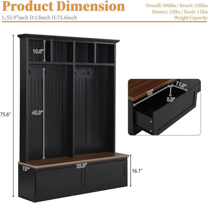 55.9" W Hall Tree with Bench and Shoe Storage,Shoe and Coat Rack with Drawer and Hooks,Farmhouse Furniture for Entryway,Mudroom,Living Room,Black