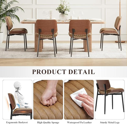 MALOL Leather Dining Chairs Set of 4, Modern Upholstered Dining Room Kitchen Chairs with Metal Legs and Wooden Back Support for Home Dining Room/Restaurant, Light Brown