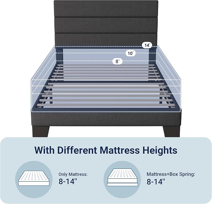 Allewie Twin Size Platform Bed Frame with Fabric Upholstered Headboard and Wooden Slats Support, Fully Upholstered Mattress Foundation/No Box Spring Needed/Easy Assembly, Dark Grey