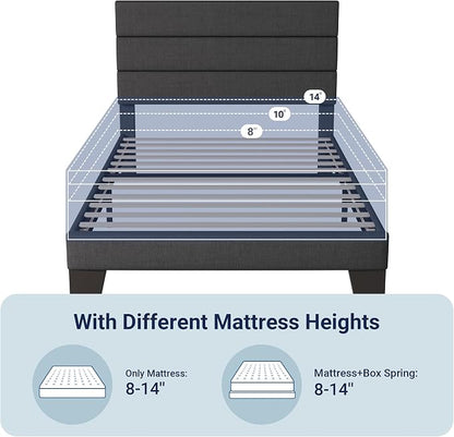 Allewie Twin Size Platform Bed Frame with Fabric Upholstered Headboard and Wooden Slats Support, Fully Upholstered Mattress Foundation/No Box Spring Needed/Easy Assembly, Dark Grey