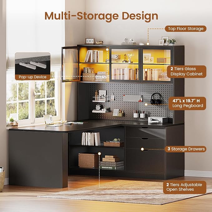 SEDETA L Shaped Computer Desk, L Shaped Corner Gaming Desk with 3 Wood Drawer and Large Bookshelf, Home Office Desk with LED Light, Display Cabinet and Pegboard, 27.5" W Large Desktop Table, Black