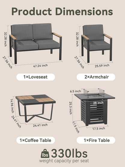 5-Piece Patio Furniture Set with Fire Pit Table & Coffee Table & Removable Washable Cushions, All-Weather Metal Frame and Wood-Like Armrests for Porch, Garden, Balcony,Black