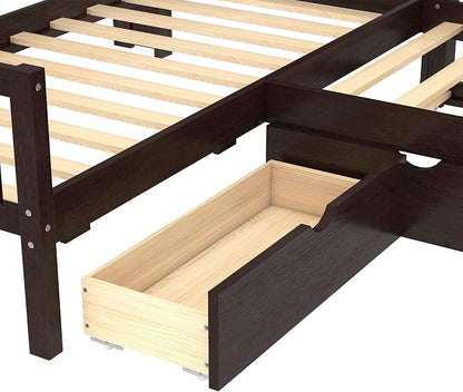 Bellemave L Shaped Corner Bed for 2 Kids, Double Twin Platform BedFrame with Trundle and Shelves, Espresso