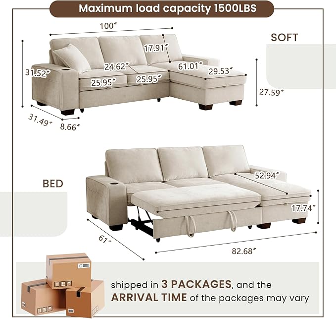 99" Convertible Sleeper Sofa Bed,L Shaped with Storage Chaise Pull Out Couch for Living Room,USB and Type-C,Removable Washable Chenille Covers (Beige)