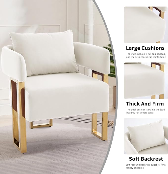 YISHENG Modern Barrel Accent Chairs Set of 2, Living Room Side Chairs with Golden Metal Legs Velvet Upholstered Reading Armchairs no Wheels for Vanity/Reception Room//Bedroom/Lounge/Office, White