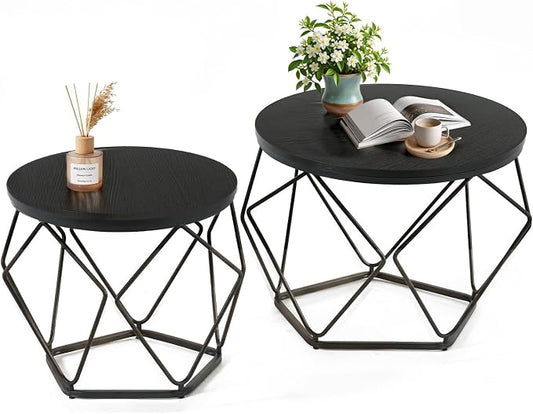 DUMOS Modern Geometric Coffee Table Set of 2, Round Nesting Side Tables with Hidden Storage, Movable End Tables for Living Room Office Decor & Practical Use Black