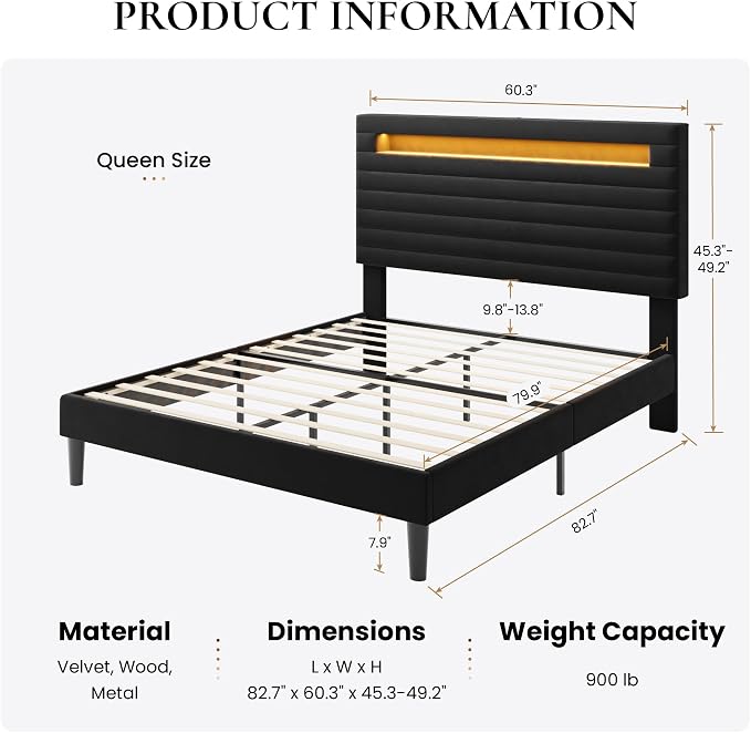 SHA CERLIN Queen Bed Frame with LED Light & 2-Tier Storage Shelf, Velvet Upholstered Adjustable Headboard with Charing Station, Horizontal Channel Tufted, No Box Spring Needed, Easy Assembly, Black