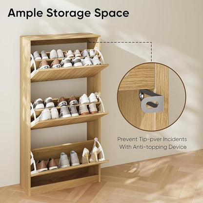 Shoe Storage Cabinet with Vertical Groove Doors 3 Flip Drawers, Narrow Shoe Cabinet Storage for Entryway, Shoe Organizer Cabinet, Slim Shoe Rack Cabinet (Oak)