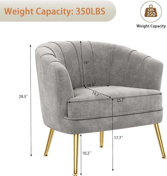 Andeworld Velvet Accent Chair, Upholstered Modern Single Sofa Side Chair,Comfy Barrel Club Living Room Armchair with Golden Metal Legs for Bedroom Living Reading Room Office, Grey