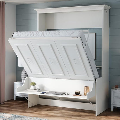 Xtraroom Alegra Full Murphy Bed with Desk | Engineered and Solid Wood Construction | Smooth Painted Finish - NO Melamine Used | Perfect for a Home Office Guest Bed (Warm White)