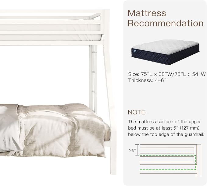 ikalido Metal Loft Bunk Bed Twin Over Full Size with Landder, Cream White | Safety Guardrail,No Box Spring Needed, Space Saving Bedroom Furniture