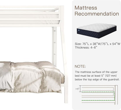 ikalido Metal Loft Bunk Bed Twin Over Full Size with Landder, Cream White | Safety Guardrail,No Box Spring Needed, Space Saving Bedroom Furniture