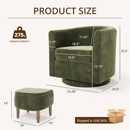Swivel Accent Chair with Storage Ottoman, Small Modern Velvet Barrel Chair, Upholstered Armchair with Footrest for Living Room/Reading/Bedroom, 24.8'' D x 25.38'' W x 25.6'' H, Green