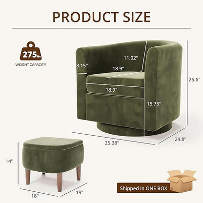 Swivel Accent Chair with Storage Ottoman Set of 2, Small Modern Velvet Barrel Chair, Upholstered Armchair with Footrest for Living Room/Reading/Bedroom, 24.8'' D x 25.38'' W x 25.6'' H, Green