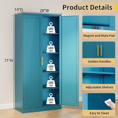 Metal Pantry Cabinet, 71"H x 28"W x 14"D Pantry Cabinets with 2 Doors and 4 Adjustable Shelves, Kitchen Pantry Storage Cabinets, Metal Storage Cabinet for Kitchen, Dining Room, Living Room-Blue