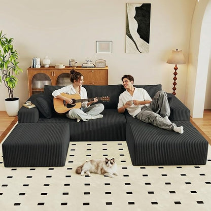 95" Cloud Sectional Couch U-Shaped Chaise with Ottoman, Corduroy Boneless Couch for Living Room Bedroom, Deep-Seat Upholstered Modular Cloud Sofa, No Assembly Required (Black, Right Facing Chaise)