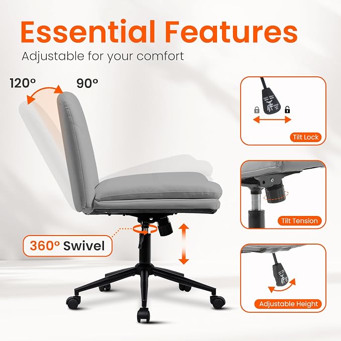 Orange Factory Criss Cross Chair with Wheels Comfy Wide Vanity Desk Chair Dual Base Leather Armless Adjustable Swivel for Home Computer Task (Grey Pu, Faux Leather)