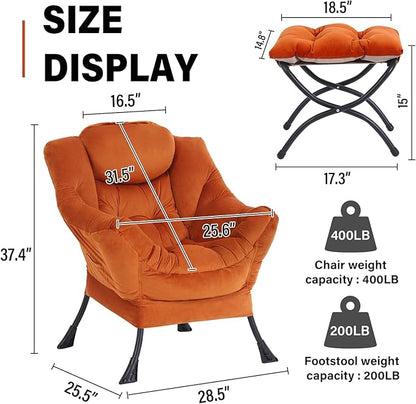 Lazy Chair with Ottoman, Modern Accent Chair Contemporary Sofa Chair with Armrests, Reading Chair and Folding Footstool Set for Living Room, Bedroom, Orange