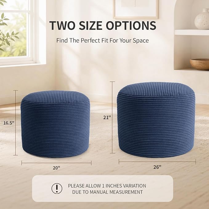 Stuffed Pouf Ottoman Foot Rest with 2.8-inch Solid Foam Base | Odorless Filling Resists Clumping, Washable Corduroy Cover, Round Foot Stool for Living Room Couch Lounging and Home Decor