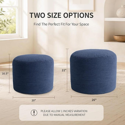 Stuffed Pouf Ottoman Foot Rest with 2.8-inch Solid Foam Base | Odorless Filling Resists Clumping, Washable Corduroy Cover, Round Foot Stool for Living Room Couch Lounging and Home Decor