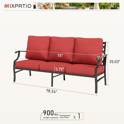 MIXPATIO Patio Couch Metal 3-Seat Outdoor Sofa Deep Seating Outdoor Furniture Red Cushion for Front Porch, Deck, Balcony, Backyard, Sunroom