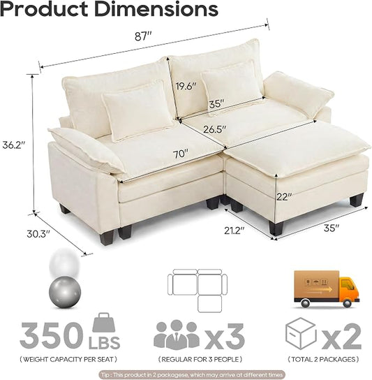 URRED Oversized Modular Sectional Sofa, 87" L Shaped Modern Comfy Cloud Couch with Movable Ottoman & Pillows, Deep Seat Couches for Living Room, Bedroom or Apartment (Chenille Beige, 87" L Shaped)