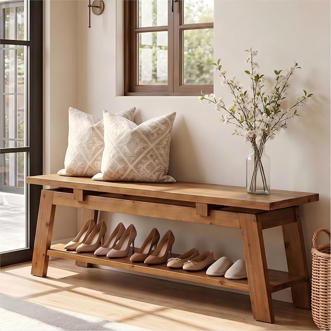 Solid Wood Bench, 55" Farmhouse Entryway Bench with Shoe Storage | End of Bed Bench Shoe Bench Seat for Entrance Hallway Bedroom Living Room, 350 lb Capacity, Scratch Resistant, Natural Brown