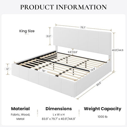 SHA CERLIN King Size Bed Frame, Velvet Upholstered Platform Bed, Vertical Channel Tufted Adjustable Headboard, Low Profile Bed Frame, No Box Spring Needed, Easy Assembly, White