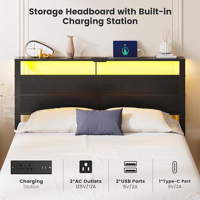 Full Size Metal Bed Frame with Storage Headboard, LED Lights and USB Charging Ports, Noise Free Platform Bed with Sturdy Slats, No Box Spring Needed, Easy Assembly