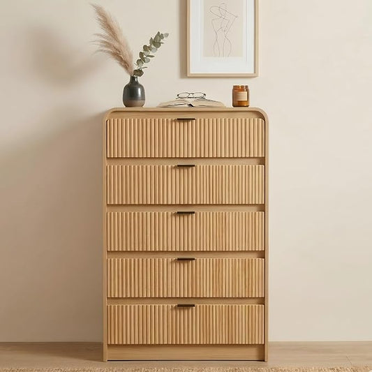 FURSUN Fluted 5 Drawers Dresser for Bedroom, 48" Tall Wooden Modern Dresser with Metal Handle, Curved Profile Design, Storage Organizer for Bedroom, Living Room, Hallway, Natural Oak