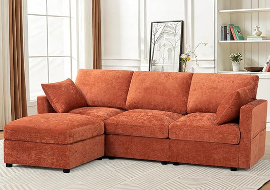 84” Chenille 3-Seats Sofa W/Movable Ottoman, Orange | Modern Fabric L-Shaped Couch w/Soft Backrests, Upholstered Sectional Sofa w/Arm Pillows for Living Room