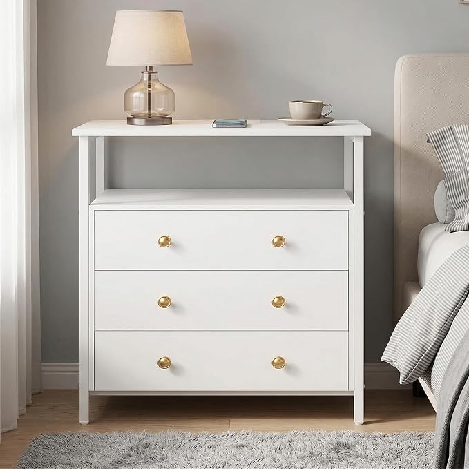 Edbuosy 3 Wooden Drawers Night Stand, 27 Inch Wide Nightstand with Charging Station and Adjustable Drawers, Small Dresser for Closet, Bedside Table for Living Room/Bedroom/Office, White