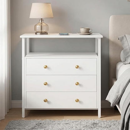 Edbuosy 3 Wooden Drawers Night Stand, 27 Inch Wide Nightstand Set 2 with Charging Station and Adjustable Drawers, Small Dresser for Closet, Bedside Table for Living Room/Bedroom/Office, White