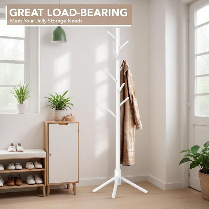 Hupmad Wooden Tree Coat Rack Stand,Sturdy Freestanding Coat Rack with 8 Hooks,3 Adjustable Height for Child Adult,Wood Coat Stand Tree Fits Entryway Bedroom Office for Bags,Hats, 2 Pack