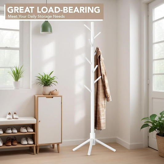 Hupmad Wooden Tree Coat Rack Stand,Sturdy Freestanding Coat Rack with 8 Hooks,3 Adjustable Height for Child Adult,Wood Coat Stand Tree Fits Entryway Bedroom Office for Bags,Hats, 2 Pack