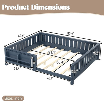 Bellemave Queen Size Floor Bed with high Rails and with Built-in Bookshelf for Kids, Girls, Boys, Wood Montessori Floor Bed Without Door, Blue