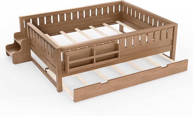 Bellemave Queen Size Kids Bed with high Rails and with Built-in Bookshelf and Trundle for Kids, Girls, Boys, Wood Montessori Bed Without Door, Natural