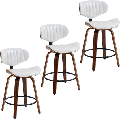 Counter Height Bar Stools Set of 3, 24 inch PU Leather Wooden Bentwood Barstools Swivel Modern Breakfast Bar Chairs with Backrest and Footrest for Kitchen Island, Dining Room D035-White-3