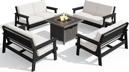 SERWALL Patio Furniture Set with 33” Fire Pit Table, HDPE Outdoor Sectional Sofa Set with Thickened Cushions, Black Frame with Khaki Cushions